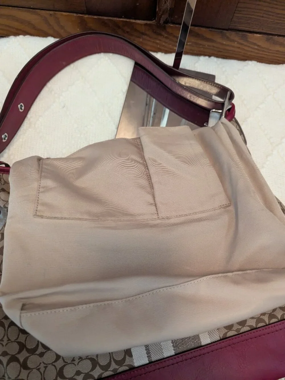 Coach Legacy Signature Stripe Canvas Leather Trim Hobo Shoulder Bag Khaki/ Red